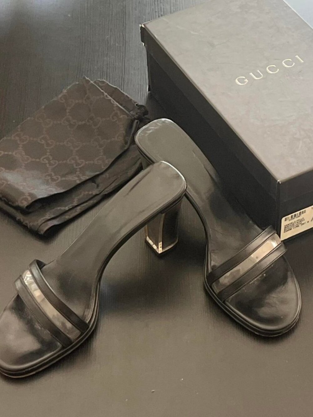 Tom Ford Gucci black leather sandals with clear lucite heels size 8.5 with box